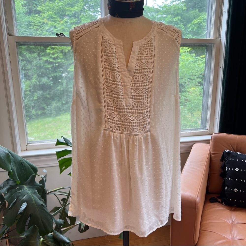 *PLUS SIZE* Woven Swiss Dot/Crochet Detail Blouse